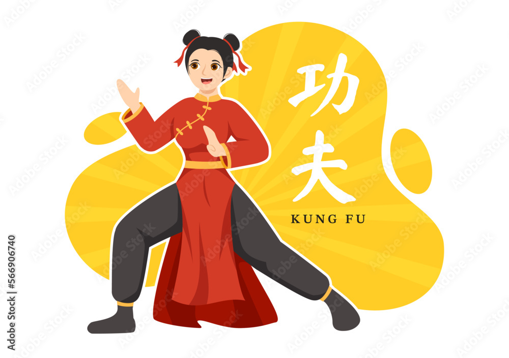 Obraz premium Kung Fu Illustration with People Showing Chinese Sport Martial Art in Flat Cartoon Hand Drawn for Web Banner or Landing Page Templates