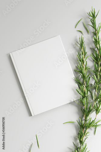 3d illustration of blank book cover on white background with nature element