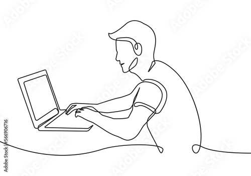 Line Art Drawing of Man with Laptop. Businessman Minimal Line Drawing Art. Modern Trendy Hand Draw Line Art Vector Business Design in Minimalist Style.