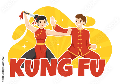 Kung Fu Illustration with People Showing Chinese Sport Martial Art in Flat Cartoon Hand Drawn for Web Banner or Landing Page Templates