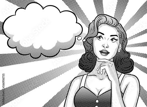 The girl is dreaming. Cloud for inscription. Fantasizes about a purchase or a gift. Black and white illustration in pop art, retro, comic style.