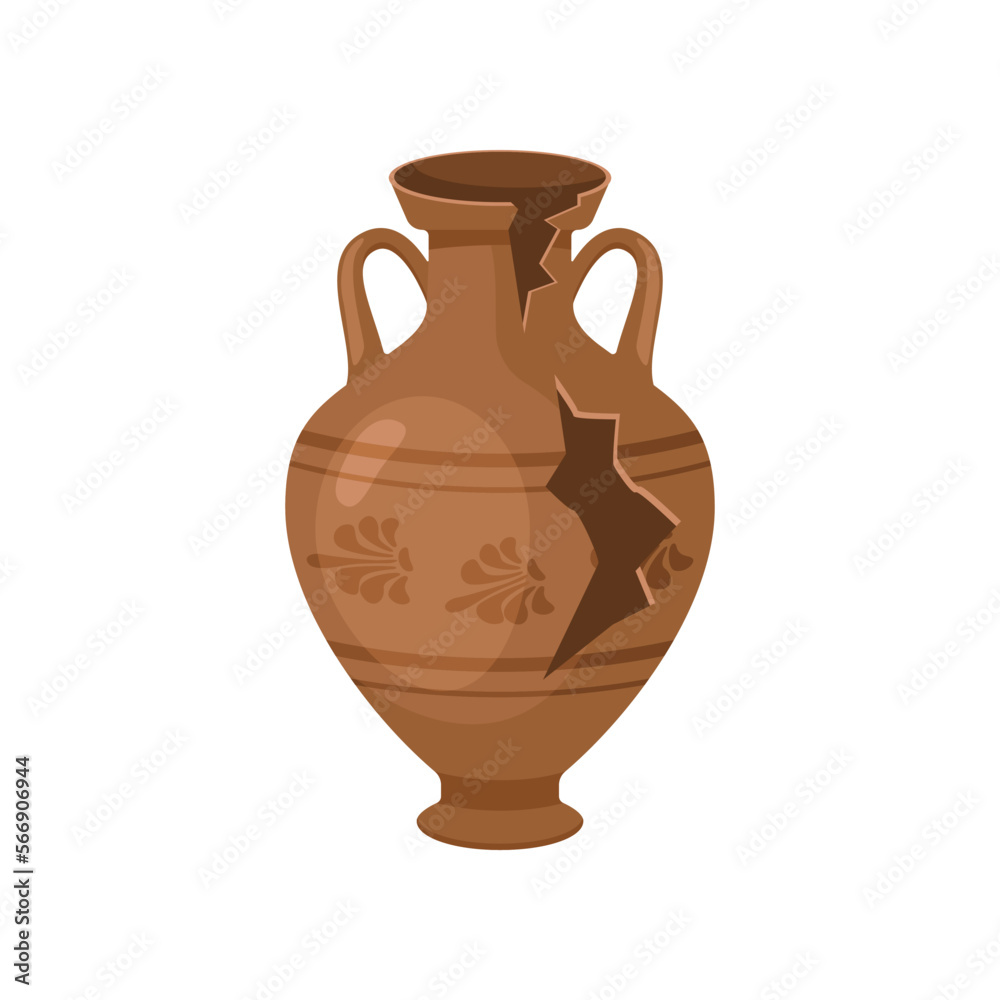 Old broken brown tall vase vector illustration. Cartoon drawing of antique ceramic or clay jug or pot isolated on white background. Pottery, damage, history, archeology concept