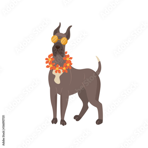 Funny comic doberman dog with glasses vector illustration. Portrait of cute puppy cartoon character with accessory isolated on white background. Summer, vacation, pets concept