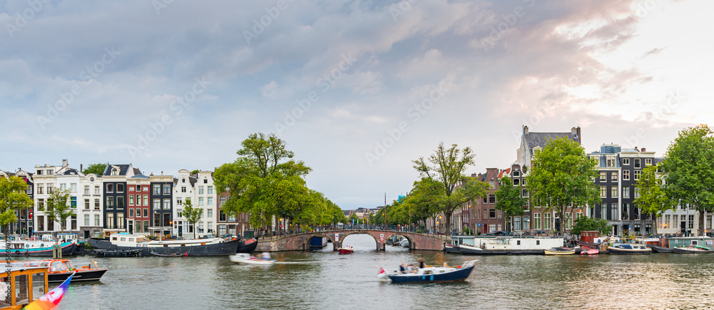 Panorama amsterdam Canals with bridge and dutch houses, Netherlands