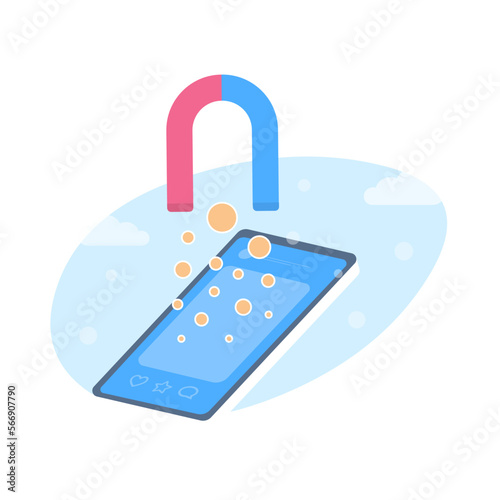 Social media marketing concept. Huge magnet attracting money from social network open on smartphone screen, symbolizing the power of earning through technology. Online platforms for wealth generation