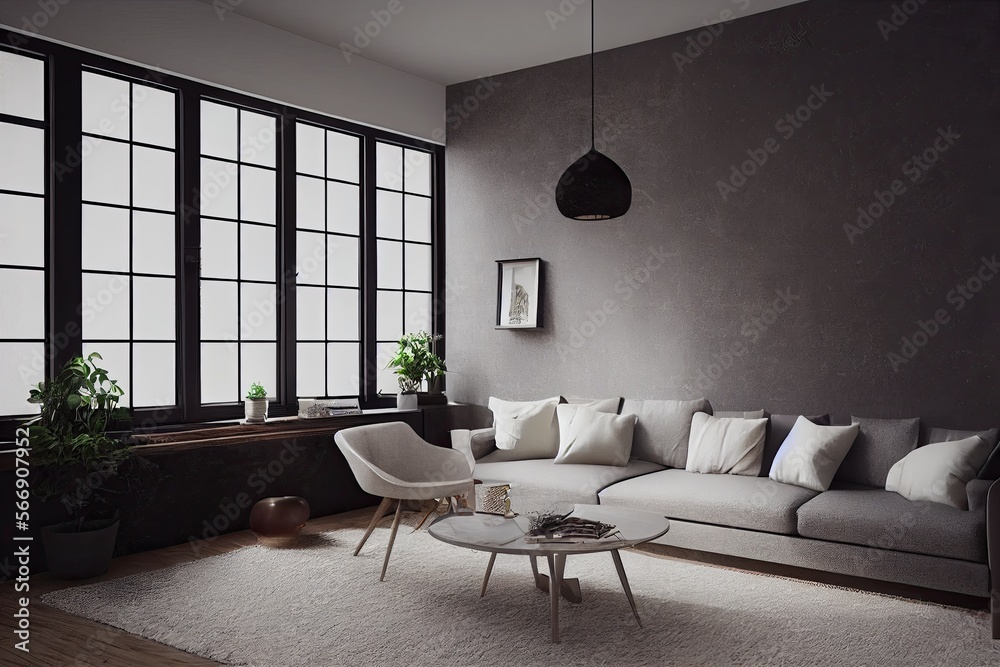 mock up poster frame in boho interior background, wooden living room design, Scandinavian style. Generative AI illustration mock up poster frame in boho interior background, wooden living room design, Scandinavian style. Generative AI illustration