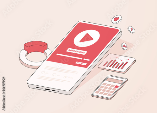 Video Marketing potential concept illustration. Native social marketing, targeted programmatic advertising stats to enhance your online digital marketing strategy. Linear Isometric Vector illustration