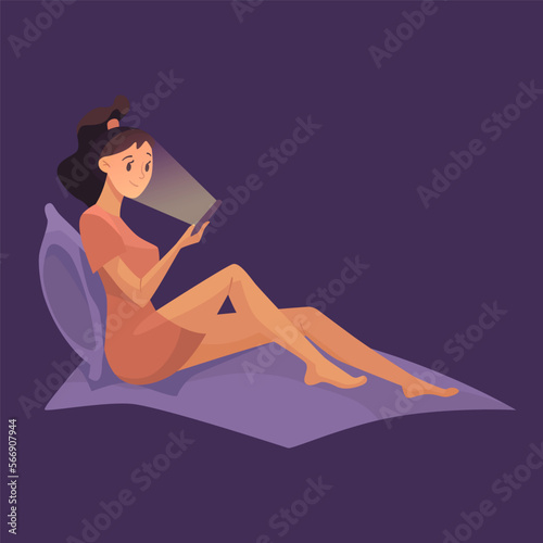 Girl sitting reading in bed before sleep illustration. Cartoon girl sitting and reading using cellphone on purple background. Internet addiction, night time, entertainment concept