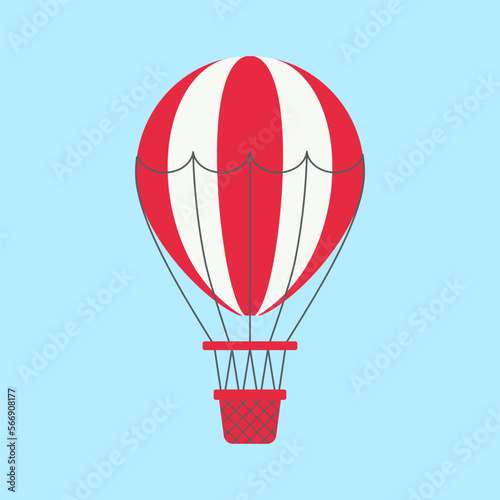 Red hot air balloon flying in sky flat vector illustration. Cute red hot air balloon, transport for tourists isolated on blue background. Transportation, tourism, journey concept