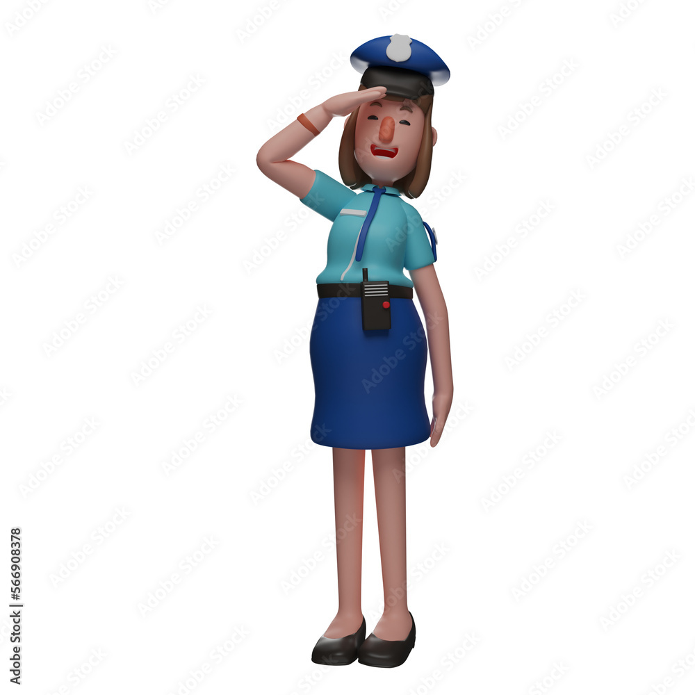   3D illustration. 3D Female Police Character Design showing a respectful pose. showing a beautiful smiling face. have a handy- talkie in your pocket. 3D Cartoon Character