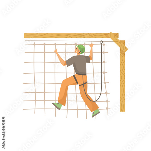 Adult having fun on rope course illustration. Rope attraction, man having fun in park on white background. Outdoor activity, sports, entertainment concept