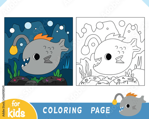 Coloring book, Cute monkfish and underwater cave background