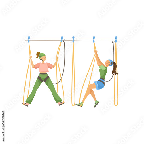 Couple of girls having fun on rope course vector illustration. Rope attraction, people having fun in park on white background. Outdoor activity, sports, entertainment concept