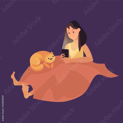 Girl reading in bed before sleep with cat vector illustration. Cartoon girl sitting and reading using cellphone on purple background. Internet addiction, night time, entertainment concept