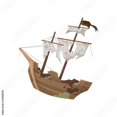 Old sunken wooden pirate ship vector illustration. Broken boat with sails, shipwreck isolated on white background. Toys, sea adventure or journey concept