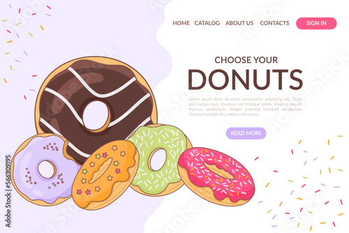 Internet concept of building a donut shop. A set of colorful donuts with multi-colored icing. Perfect for a bakery or pastry shop website. Vector illustration.