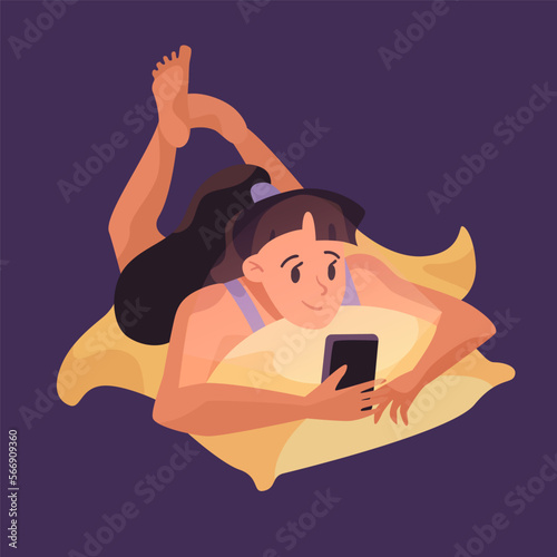Girl lying and reading in bed before sleep illustration. Cartoon girl lying and reading using cellphone on purple background. Internet addiction, night time, entertainment concept