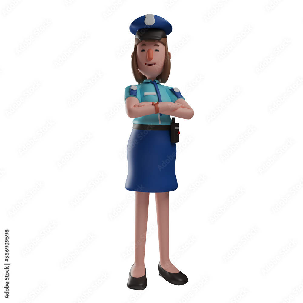 3D illustration. 3D Cartoon Illustration of Police Woman having a beautiful smile. hands folded forward. wearing a cute hat. 3D Cartoon Character