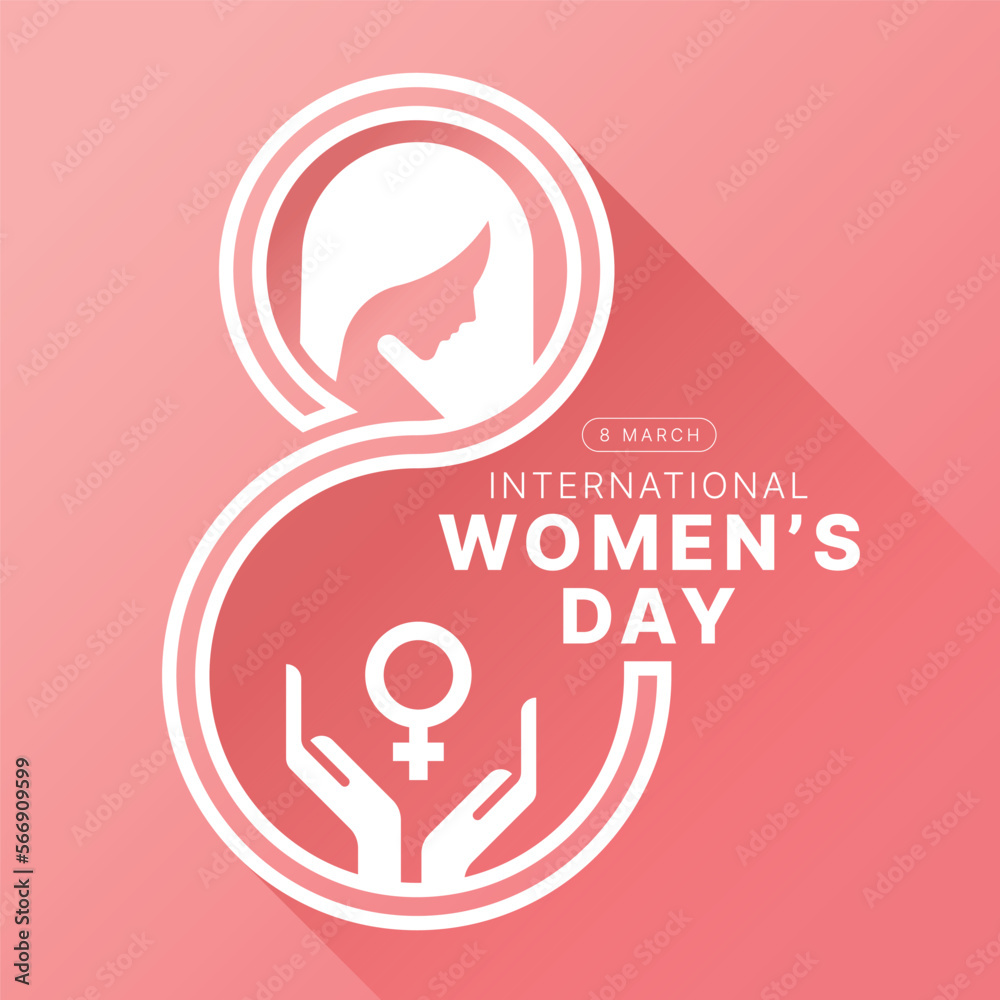 International women s day White head woman sign and hands hold female symbol mix to number eight sign on pink background vector design International women s day White head woman sign and hands hold female symbol mix to number eight sign on pink background vector design