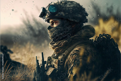 close-up of a soldier on a battlefield, , Generative AI illustration