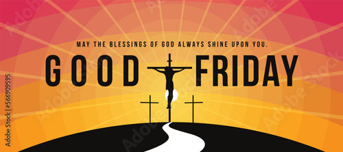 Good friday - Jesus christ crucified on the cross and road to mountain in orange red sky with sunshine texture background vector design