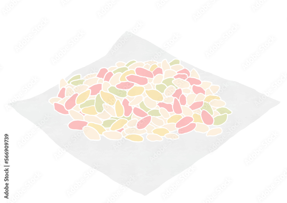 紙にのせた関東ひなあられのイラスト(版画風) 紙にのせた関東ひなあられのイラスト(版画風)