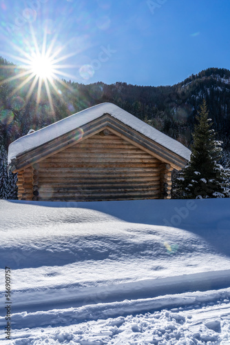 Baite alpine e chalet in mezzo alla neve in un panorama montano e con bosco © Umberto