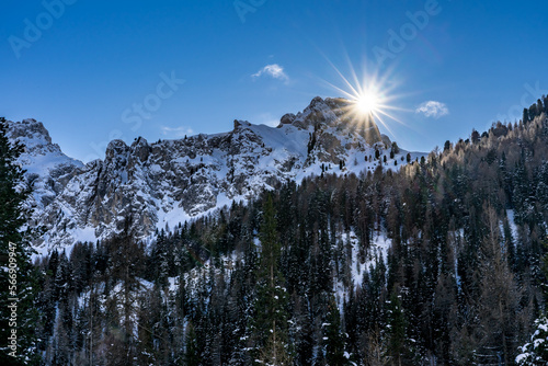 Raggi di sole, neve e montagne in ambiente boschivo photo