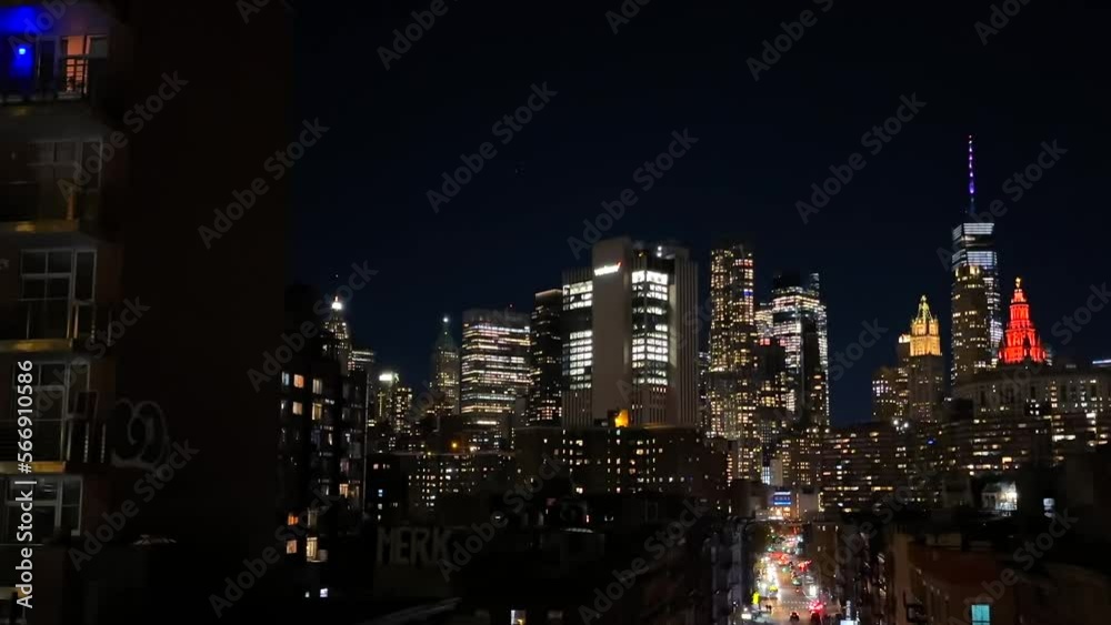 Manhattan Skyline and Night Traffic, Lights on Skyscrapers and Streets, New York USA Manhattan Skyline and Night Traffic, Lights on Skyscrapers and Streets, New York USA