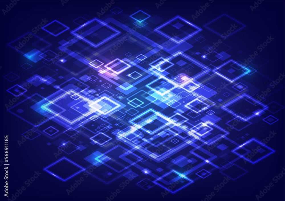 Abstract blue background with glowing squares. Vector illustration