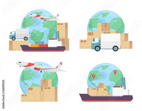 Freight shipping modes flat concept vector illustration set. Logistics. Editable 2D cartoon scene pack on white for web design. Delivery transports creative ideas for website, mobile, presentation