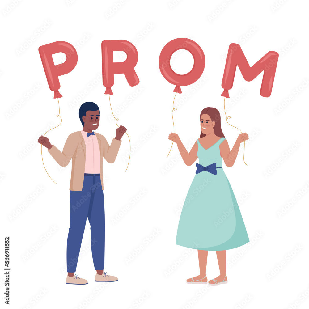 Couple inviting each other to prom party semi flat color vector characters. Editable figures. Full body people on white. Simple cartoon style illustration for web graphic design and animation Couple inviting each other to prom party semi flat color vector characters. Editable figures. Full body people on white. Simple cartoon style illustration for web graphic design and animation