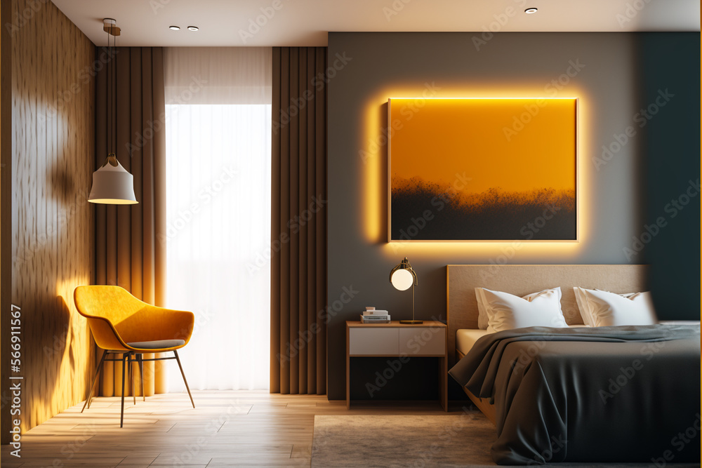 Fototapeta premium frontal view of modern hotel room with warm colour walls, interior design, Generative AI