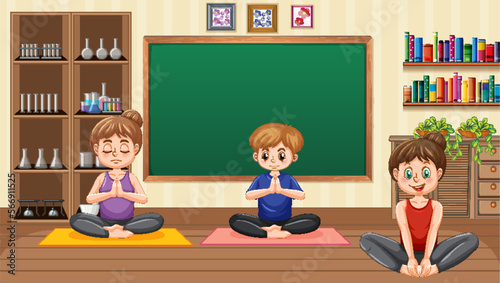 People doing yoga in yoga studio scene