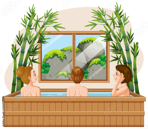 Three women wooden hot tub spa