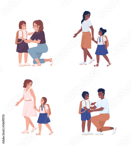 Supportive parenting and first graders semi flat color vector characters set. Editable figures. Full body people on white. Simple cartoon style illustration pack for web graphic design and animation