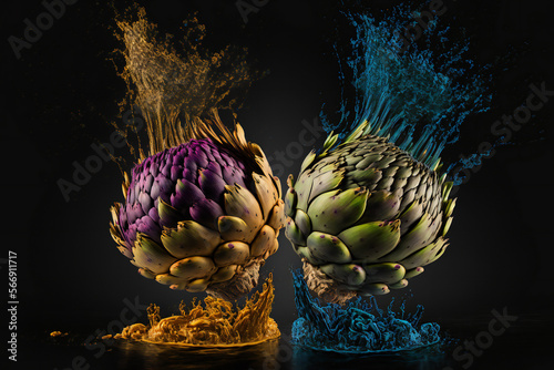 Artichokes vegetables splash isolated on black background