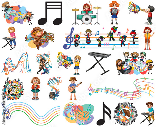 Kids musical instruments and music symbols set