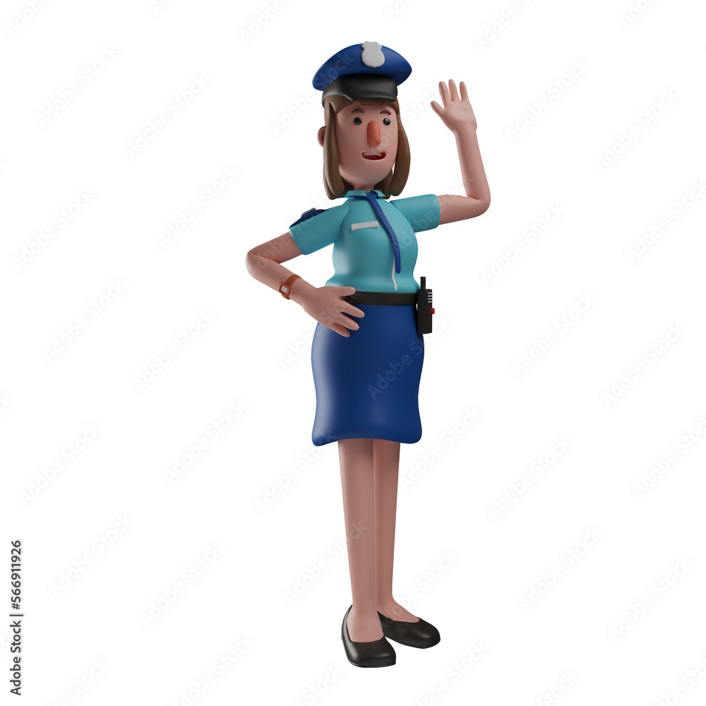  3D illustration. Cute 3D Police Woman character Cartoon Design waving hand. with hands on hips. showing a beautiful smile. 3D Cartoon Character