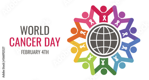 World Cancer Awareness Day - February 4th. People with ribbons around the globe. Vector illustration design.