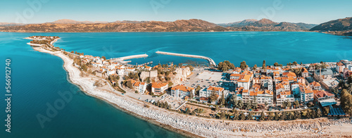 Aerial scenic view of Egirdir lake peninsula and town in Isparta region. Calm turquoise and scenic coast of national park in Turkey