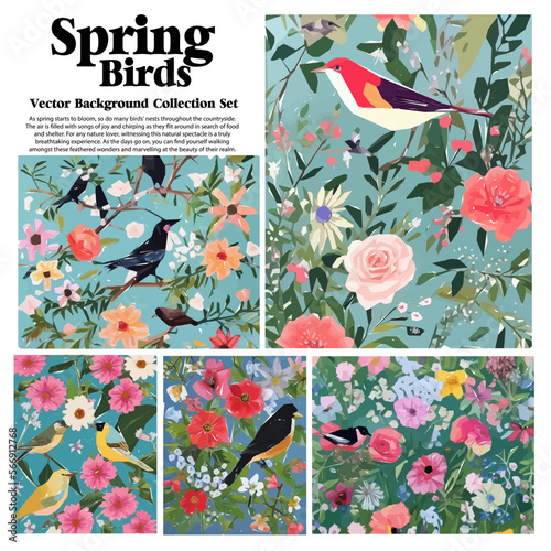 Spring flowers and birds vector illustration set. Floral background for your design.