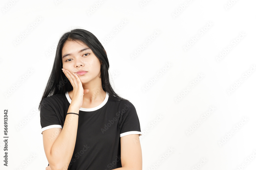 Hand on cheek boring gesture Of Beautiful Asian Woman Isolated On White Background Hand on cheek boring gesture Of Beautiful Asian Woman Isolated On White Background