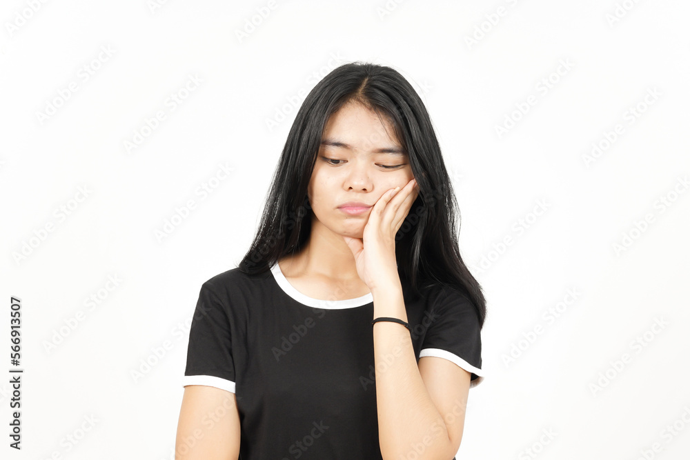 Hand on cheek boring gesture Of Beautiful Asian Woman Isolated On White Background Hand on cheek boring gesture Of Beautiful Asian Woman Isolated On White Background