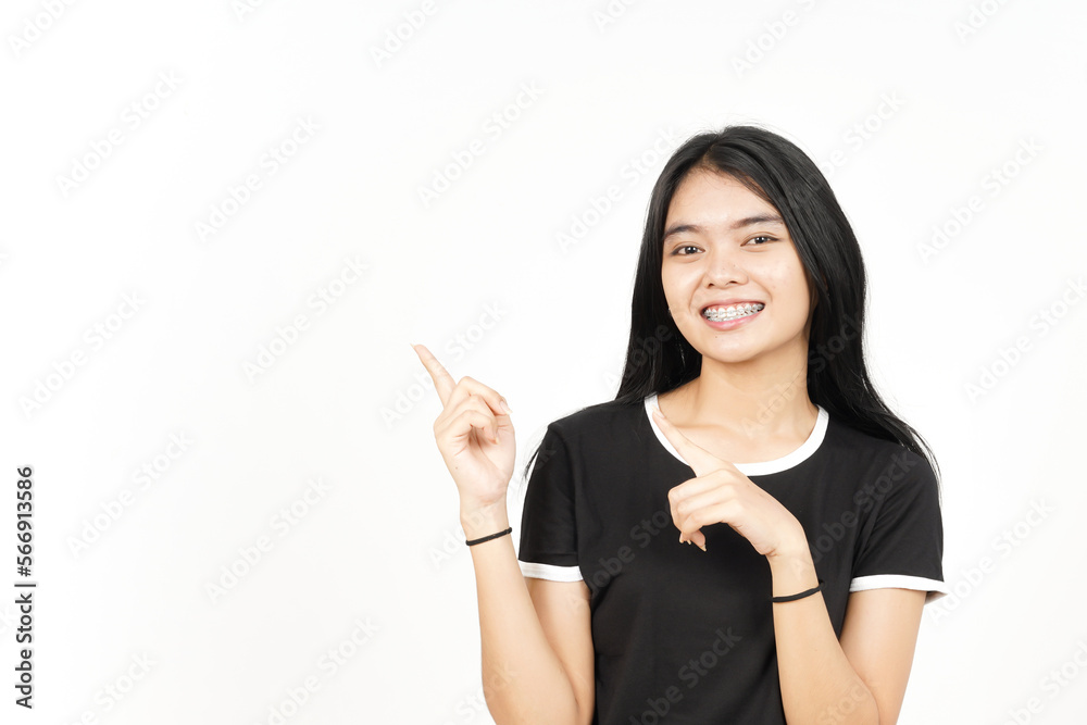 Smile and Showing Product and Pointing Side using forefinger Of Beautiful Asian Woman Isolated Smile and Showing Product and Pointing Side using forefinger Of Beautiful Asian Woman Isolated