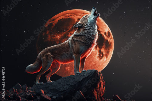wolf howling in front of full moon background, close up. Generative AI