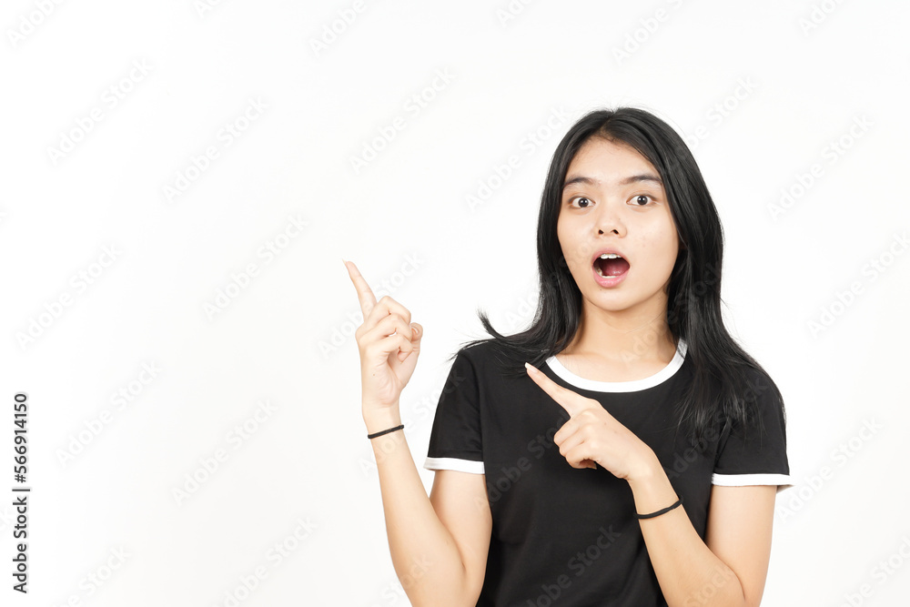 WOW Face and Showing Product and Pointing Side using forefinger Of Beautiful Asian Woman Isolated WOW Face and Showing Product and Pointing Side using forefinger Of Beautiful Asian Woman Isolated
