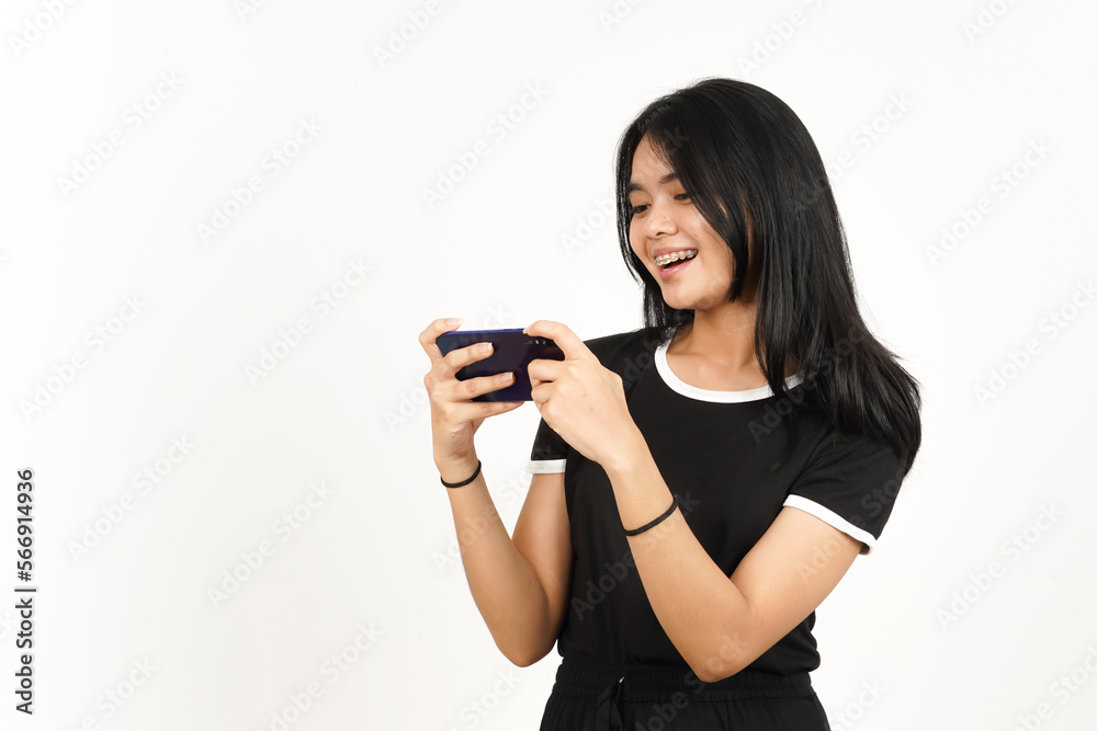 Playing Mobile Game on Smartphone Of Beautiful Asian Woman Isolated On White Background Playing Mobile Game on Smartphone Of Beautiful Asian Woman Isolated On White Background