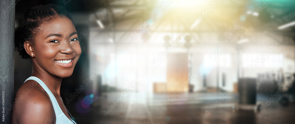 Gym, black woman and fitness portrait of a happy athlete ready for ...