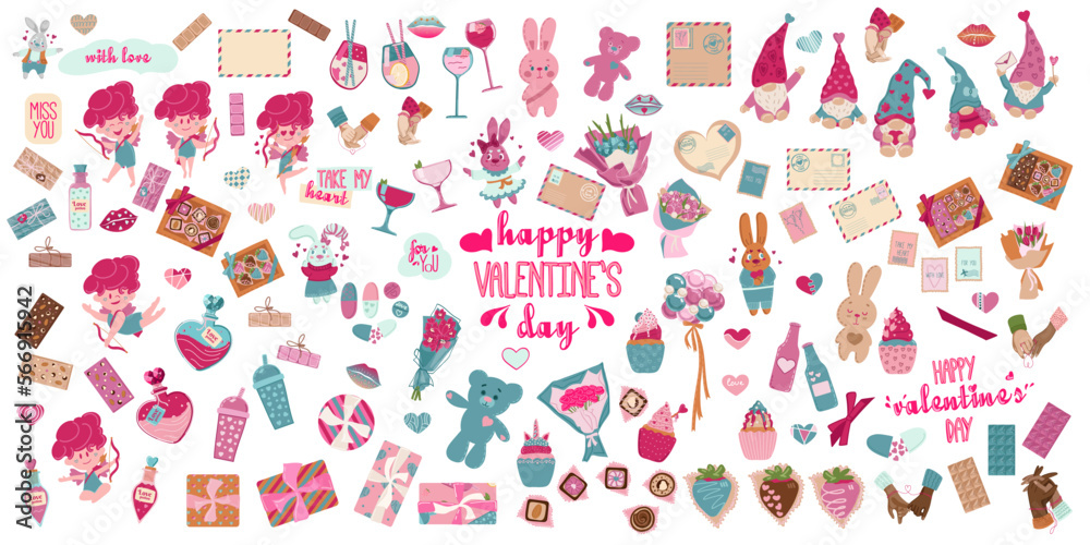 Valentine s Day set - labels, emblems and other elements. Vector illustration with cute stickers pack in cartoon style with love symbols for valentine s day. Large collection of clip arts.
